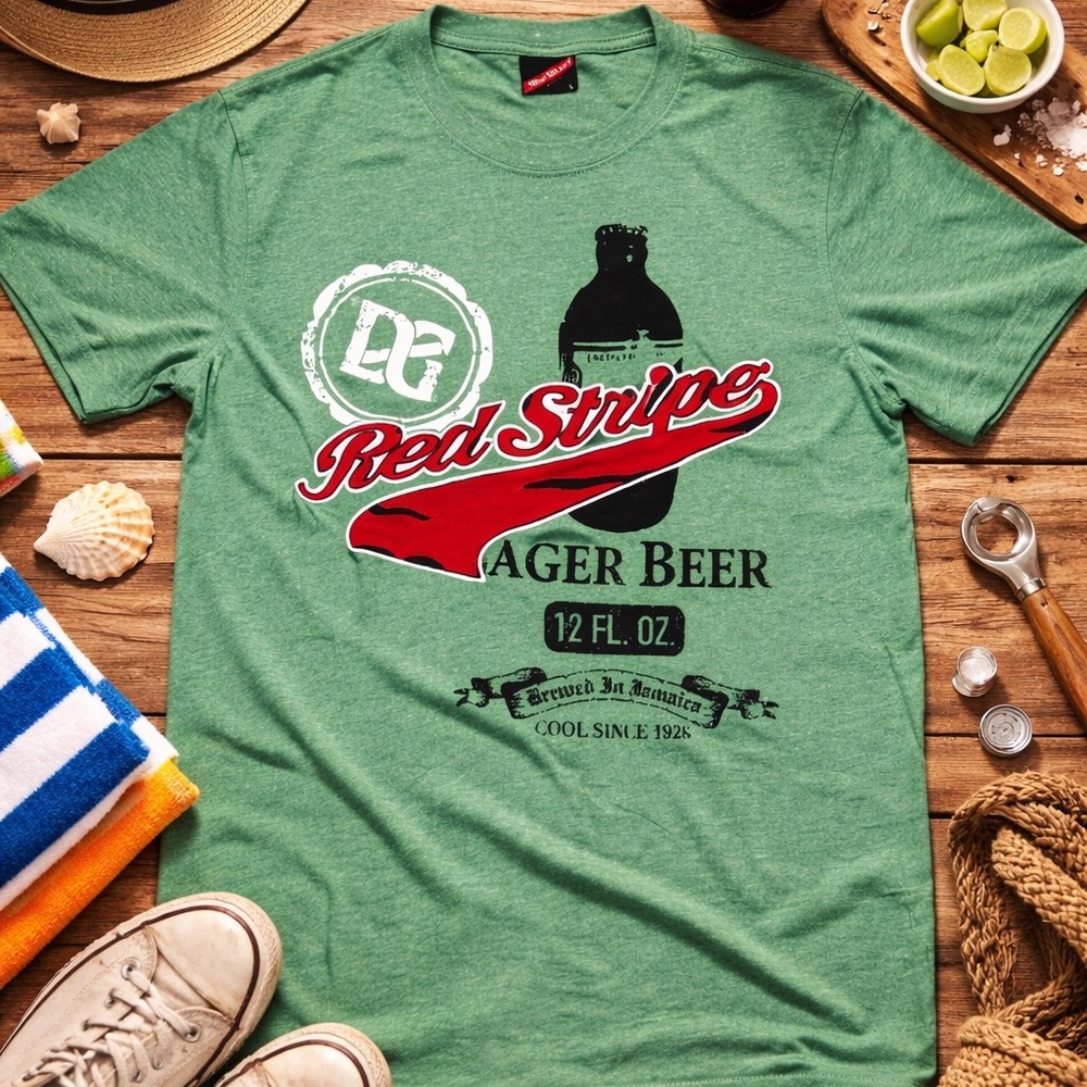Red Stripe Lager Beer Embroidered Graphic Tee Green Mens Large